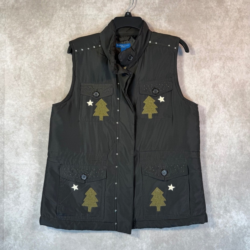 Karen Scott Sport Vest Women Medium Black Festive Christmas Tree Rhinestone Zip